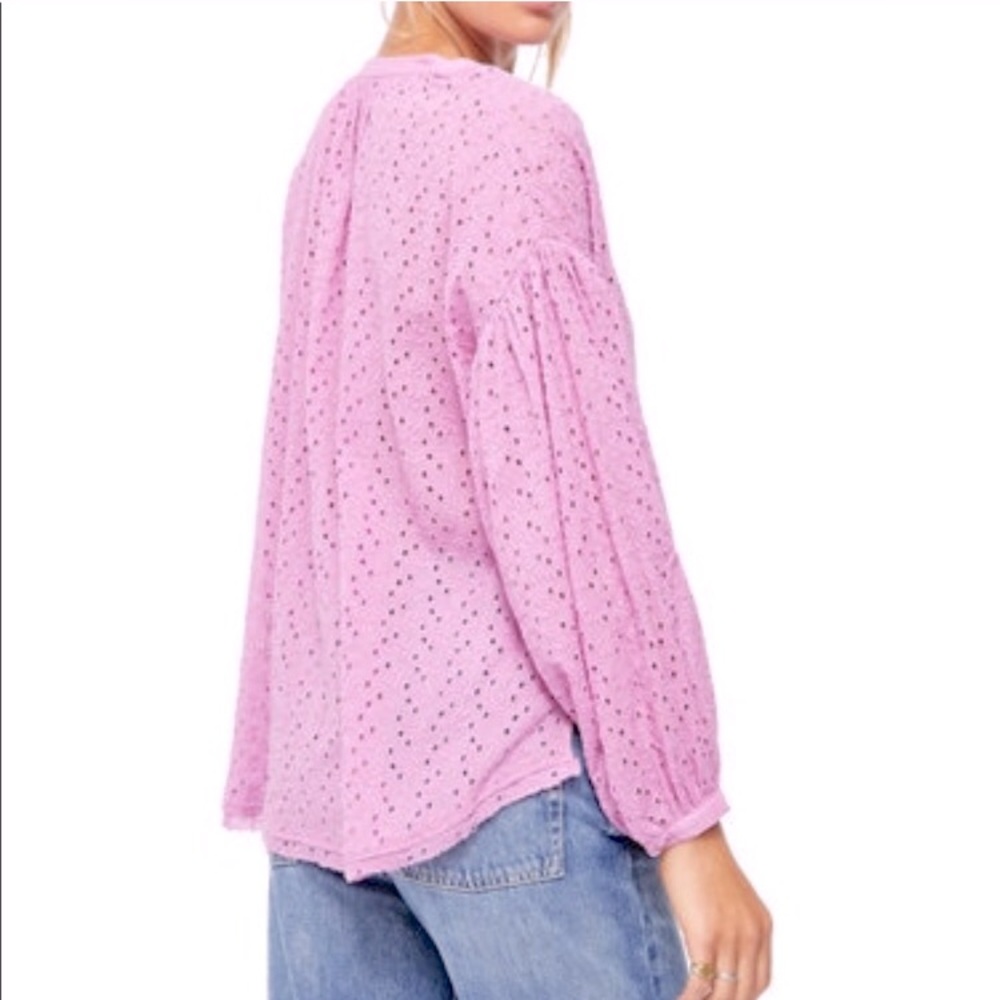 FREE PEOPLE Orchid Maddison Eyelet Flowy Blouse Button Front Collarless Size XS - Picture 3 of 14